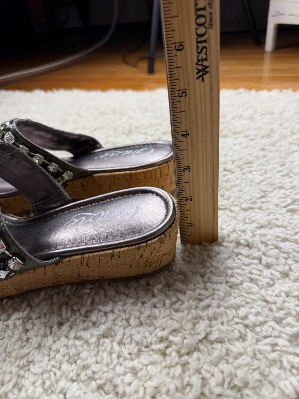 SZ 8 Grazie Black Jeweled Cork Wedge Thong Sandals